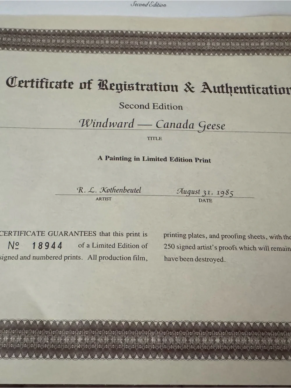 Vintage 1985 R. L. Kothenbeutel Windward & Departure Canada Geese Signed Prints